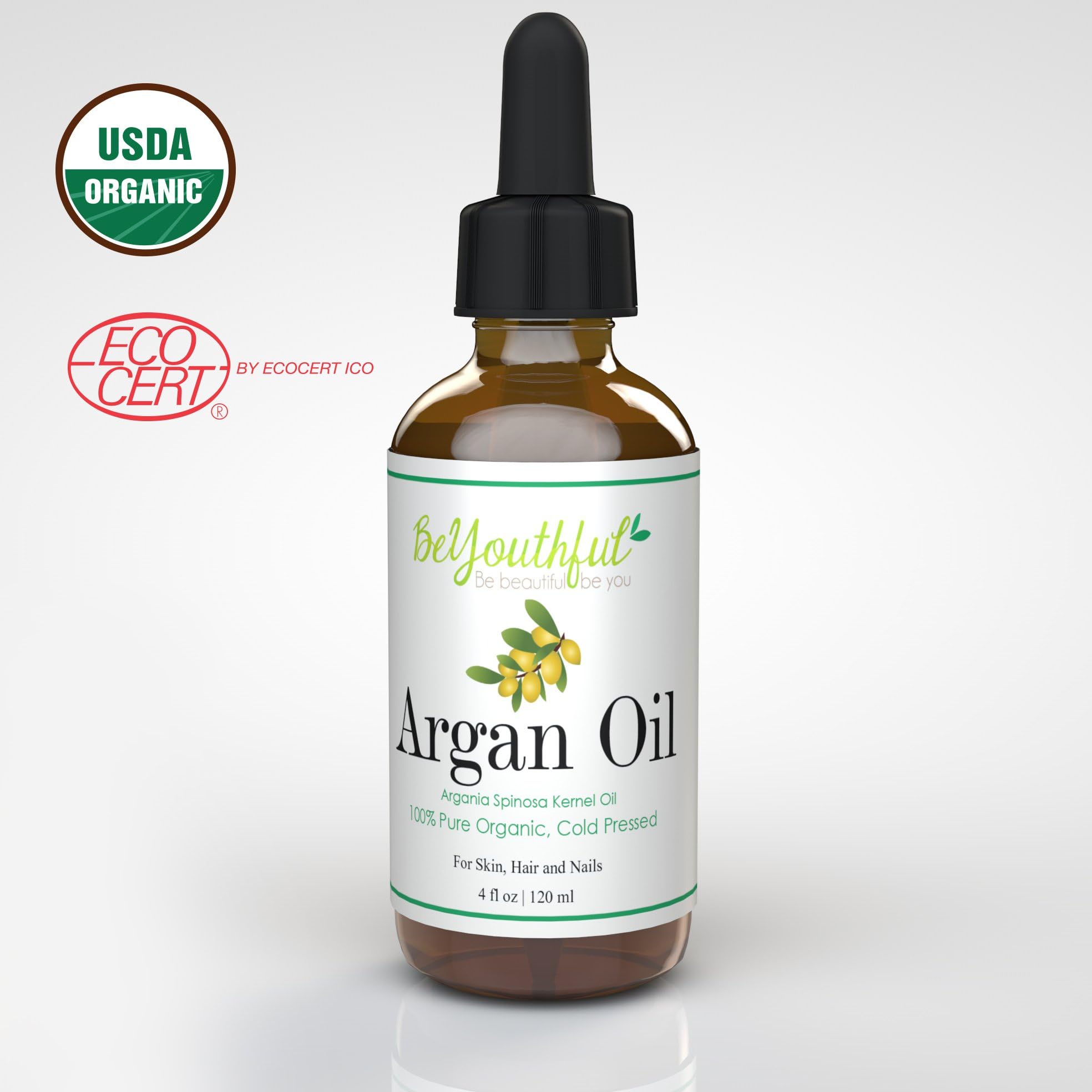 Pure Argan Oil 4oz/120ml|100% Cold Pressed Organic Moroccan Oil For Face, Hair, Skin, Nails| Natural Treatment For Age Defying Skin, Lustrous Hair And Healthy Nails. EcoCert, USDA Certified Organic|BeYouthful Premium Quality