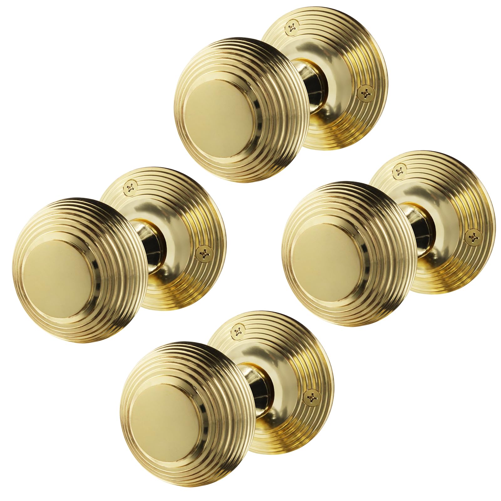 EAI Beehive Door Knobs Polished Brass | 2 Pairs of Reeded Mortice Knobs (55mm) for Internal Doors