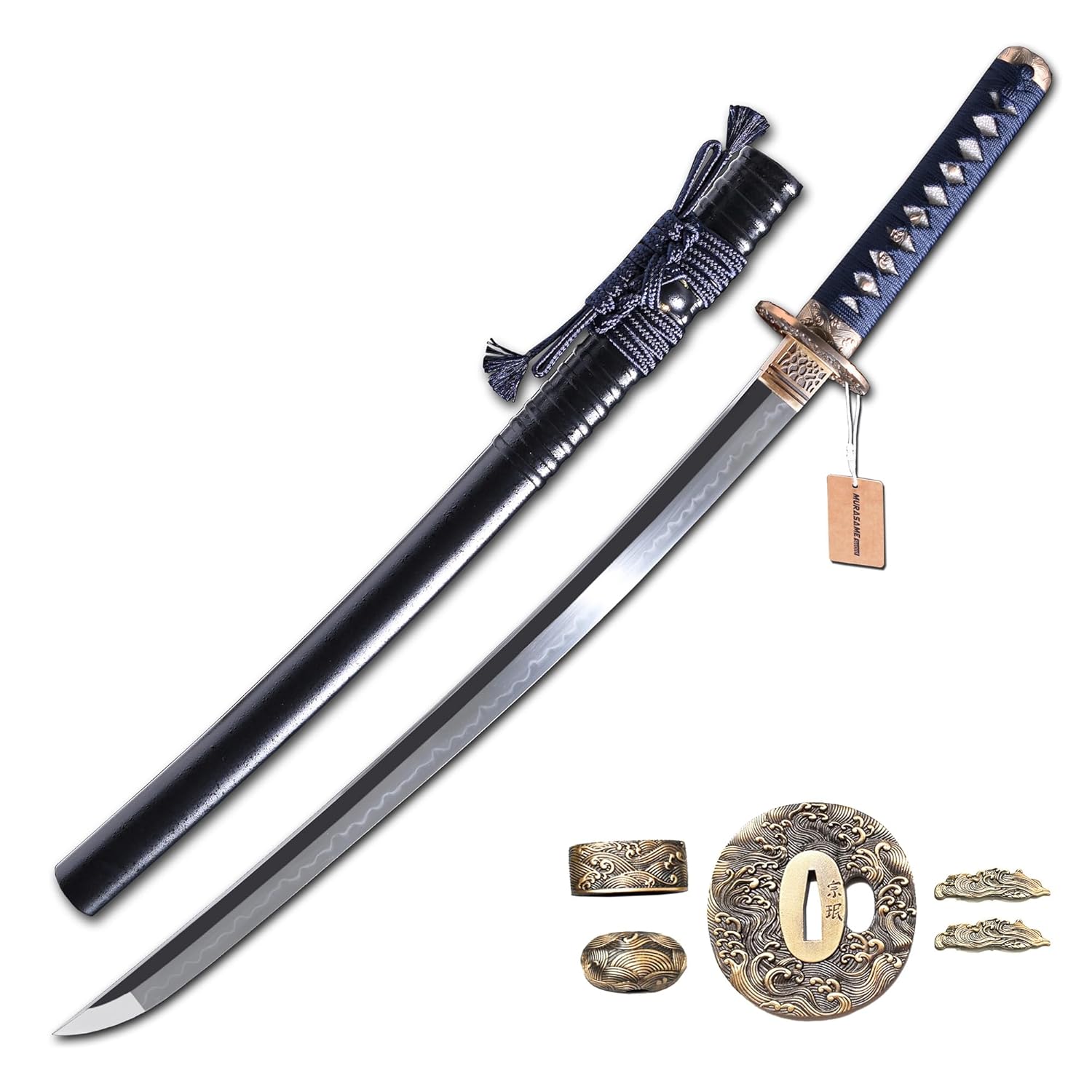 MURASAME Wakizashi Sword T10 Steel Clay Tempered Real Hamon Handmade Very Sharp Brass Wave Tsuba Blue-Wave