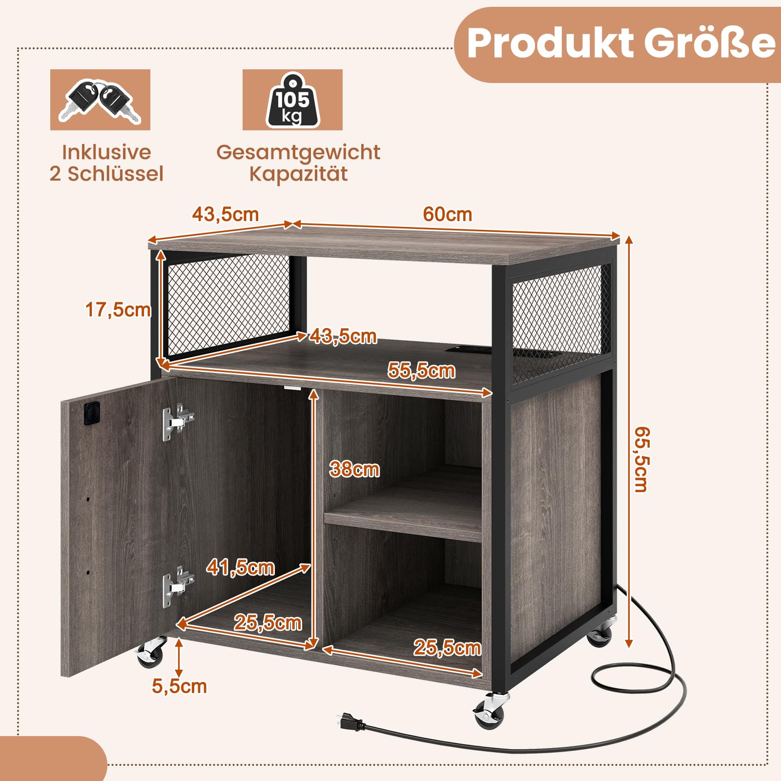 GOPLUS Kontener na kółkach, mobilna szafka na dokumenty ze stacją ładującą i zamkiem, kontener biurowy z regulowanymi półkami, metalowa rama i otwór na kabel, stojak na drukarkę, do biura i salonu