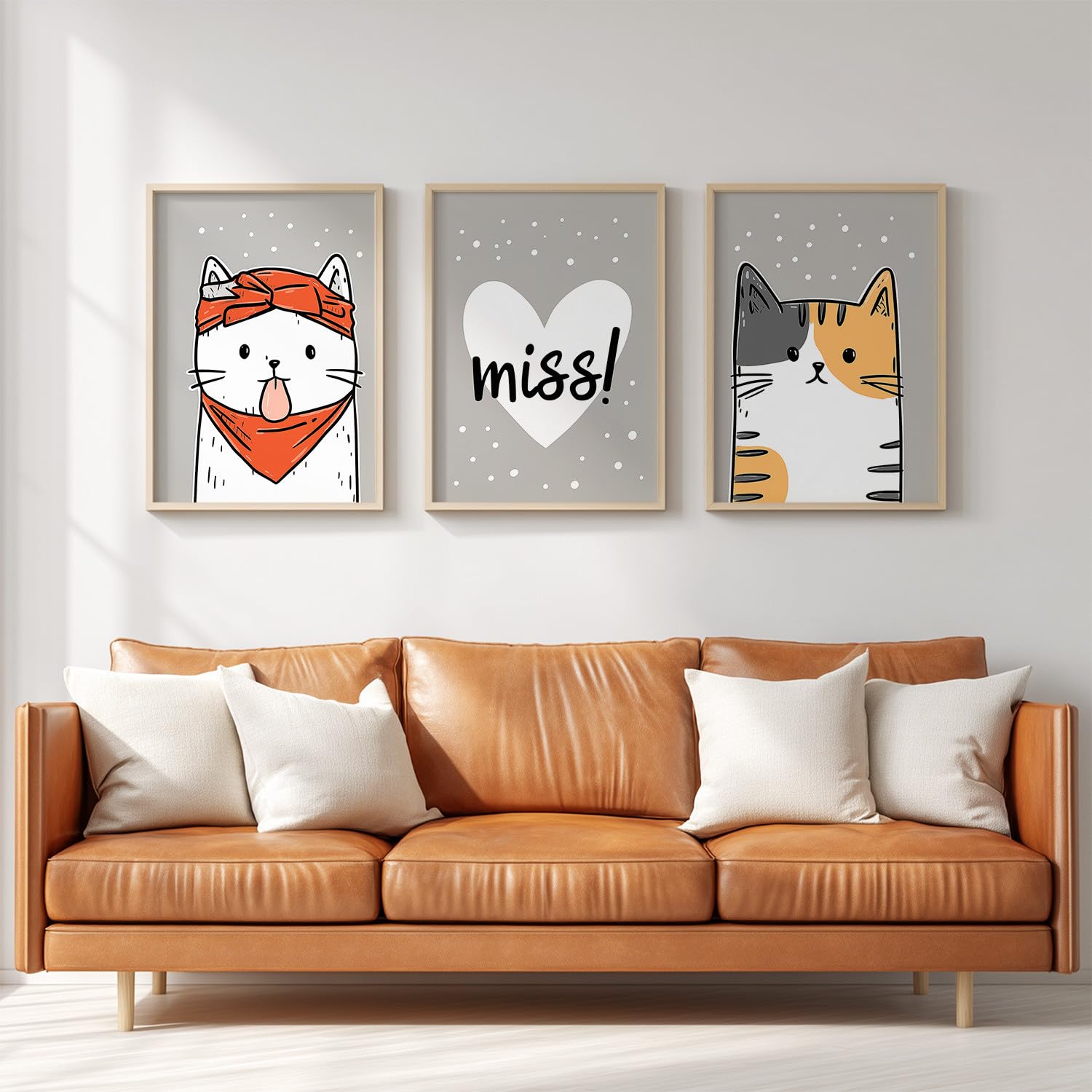 Juego de 3 decoraciones de pared de dibujos animados de animales, impresión HD para salón, dormitorio, pósters gato te extraes romántica pareja linda sin marco, cuadro de pared, 40 x 50 cm