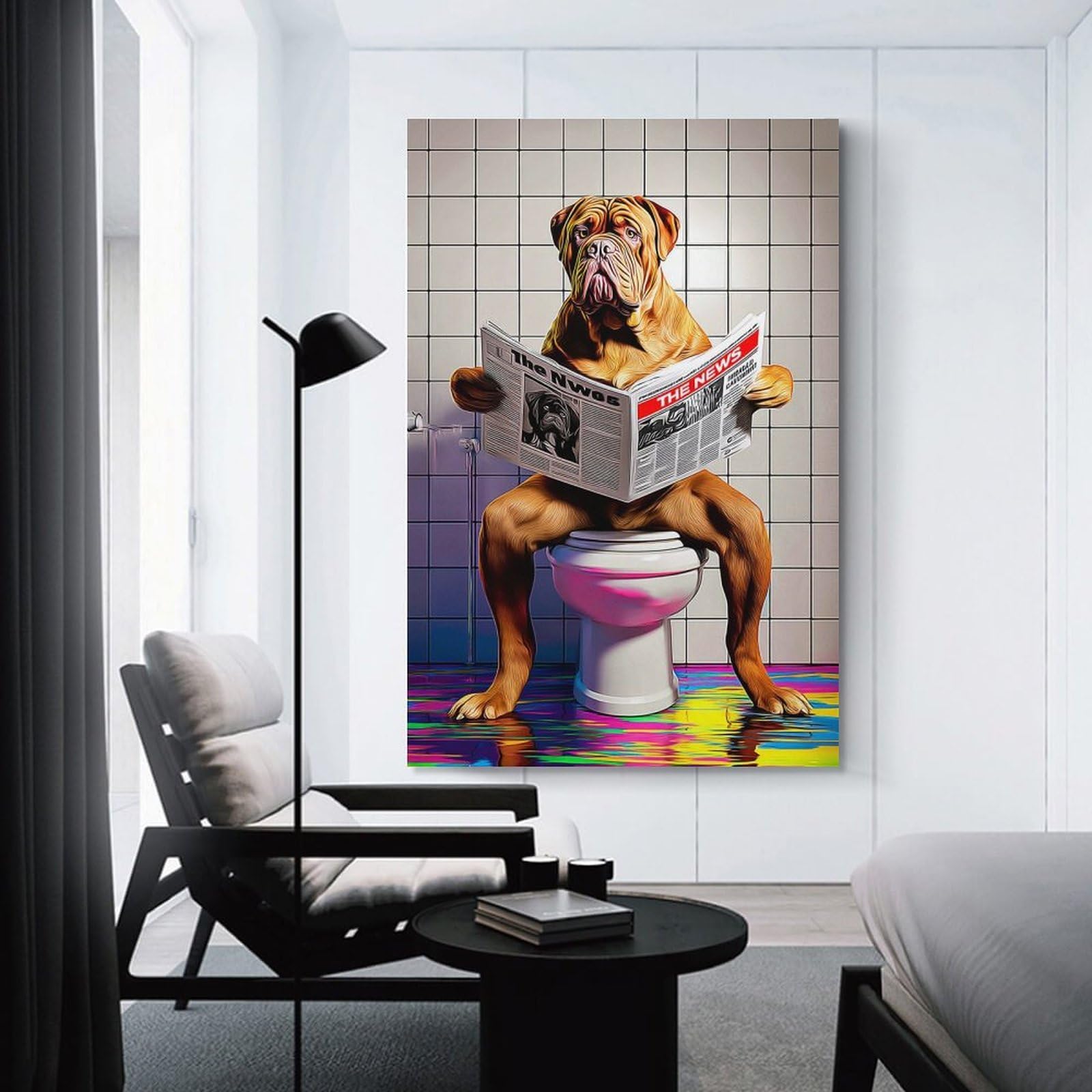 Junmoney Unframe-Dog Reading Newspaper On Toilet-30 Wall Picture Print Dog Reading Newspaper On Toilet-30, 20X30inch(50X75cm), For Hallway, Bedroom Or Modern Interiors, Thoughtful Wall Decor For Art Lovers