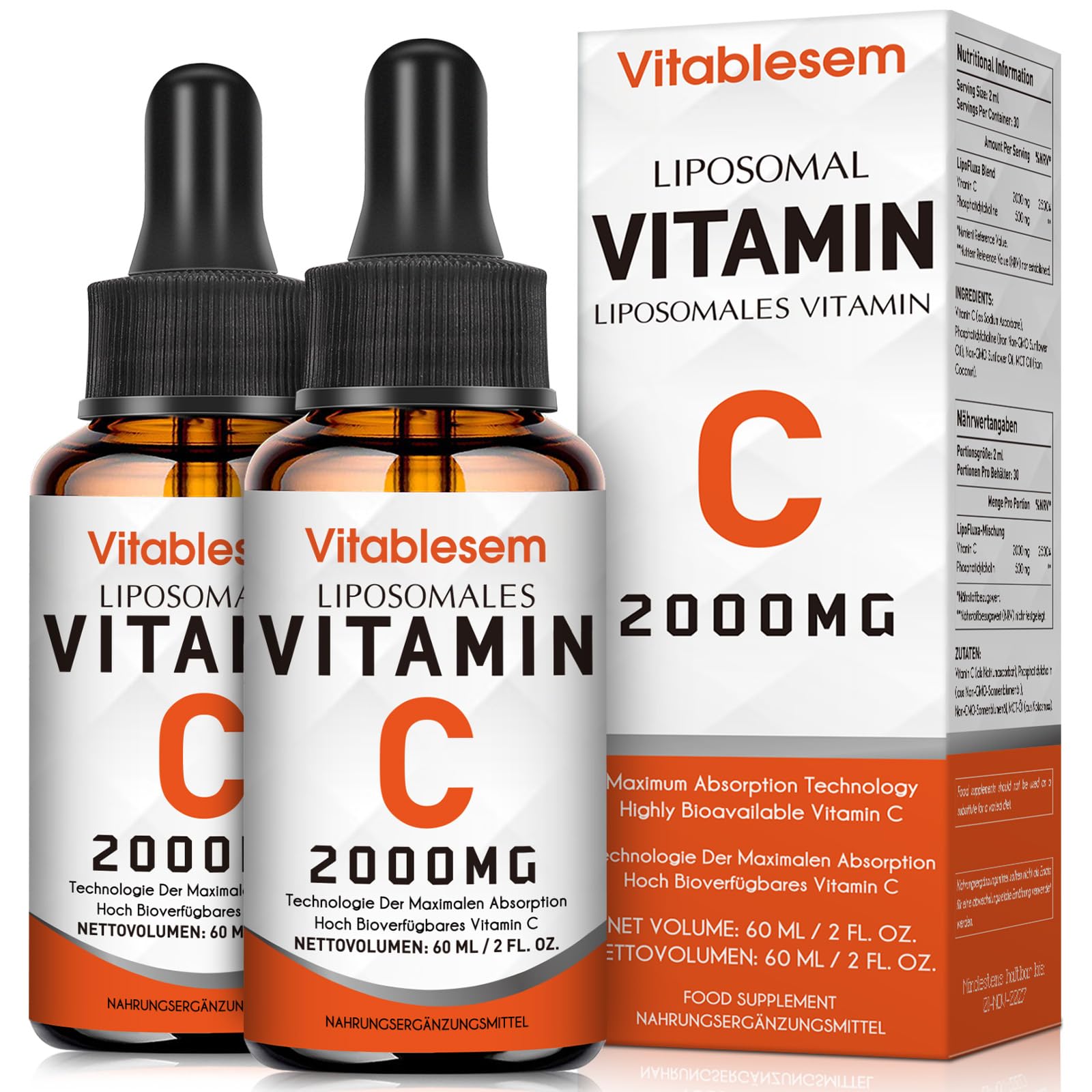 Vitamine C liposomale liquide 2000 mg, gouttes, 2 flacons | Formule végane avec acide ascorbique hautement dosé et absorption maximale pour la routine quotidienne