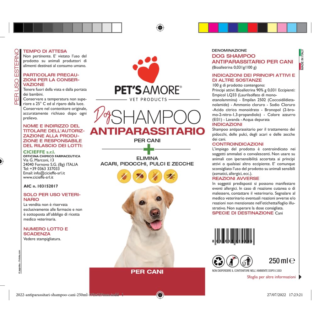 Shampoo Antiparassitario per Cani ml 250, Elimina Pulci, Zecche, Acari e Pidocchi