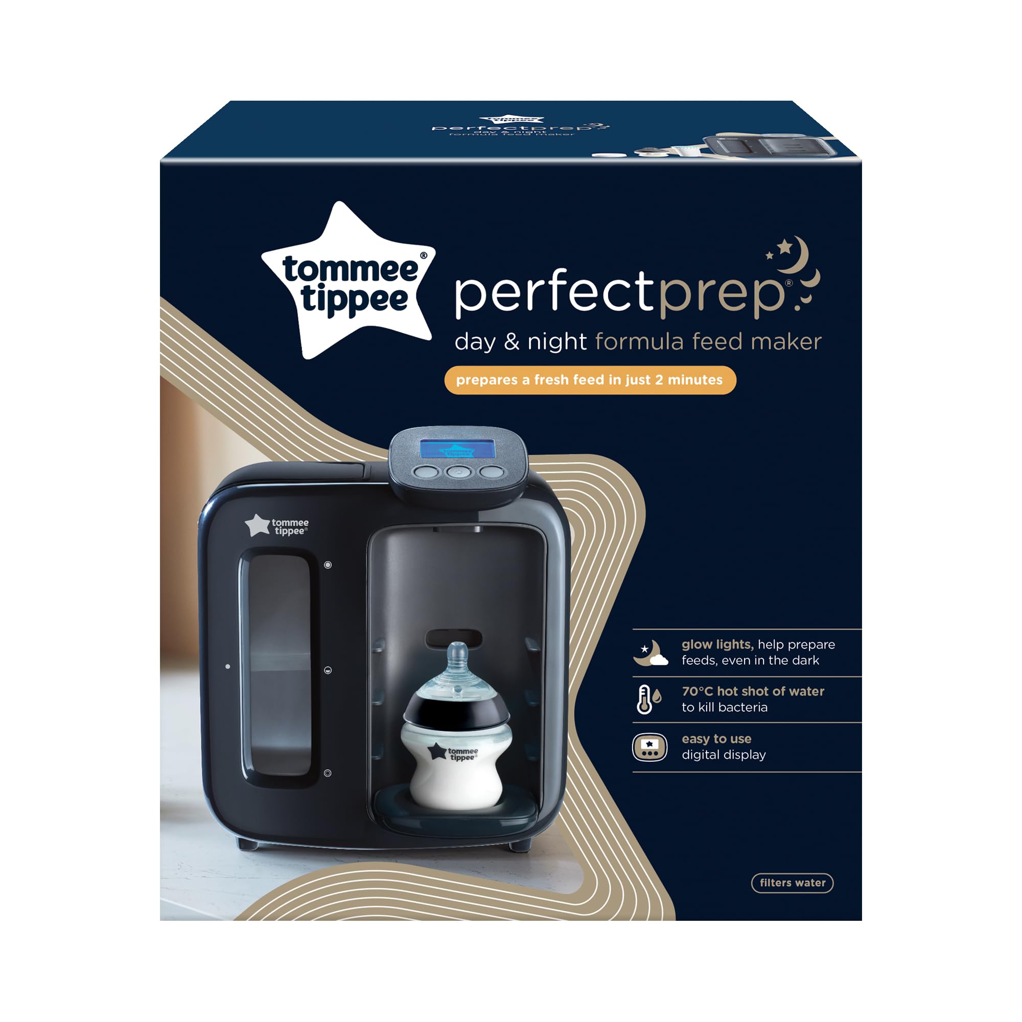 Tommee Tippee Preparador biberones Perfect Prep Day & Night fácil y rápido, filtro antibacterias, pantalla digital y funciones nocturnas, Negro azulado