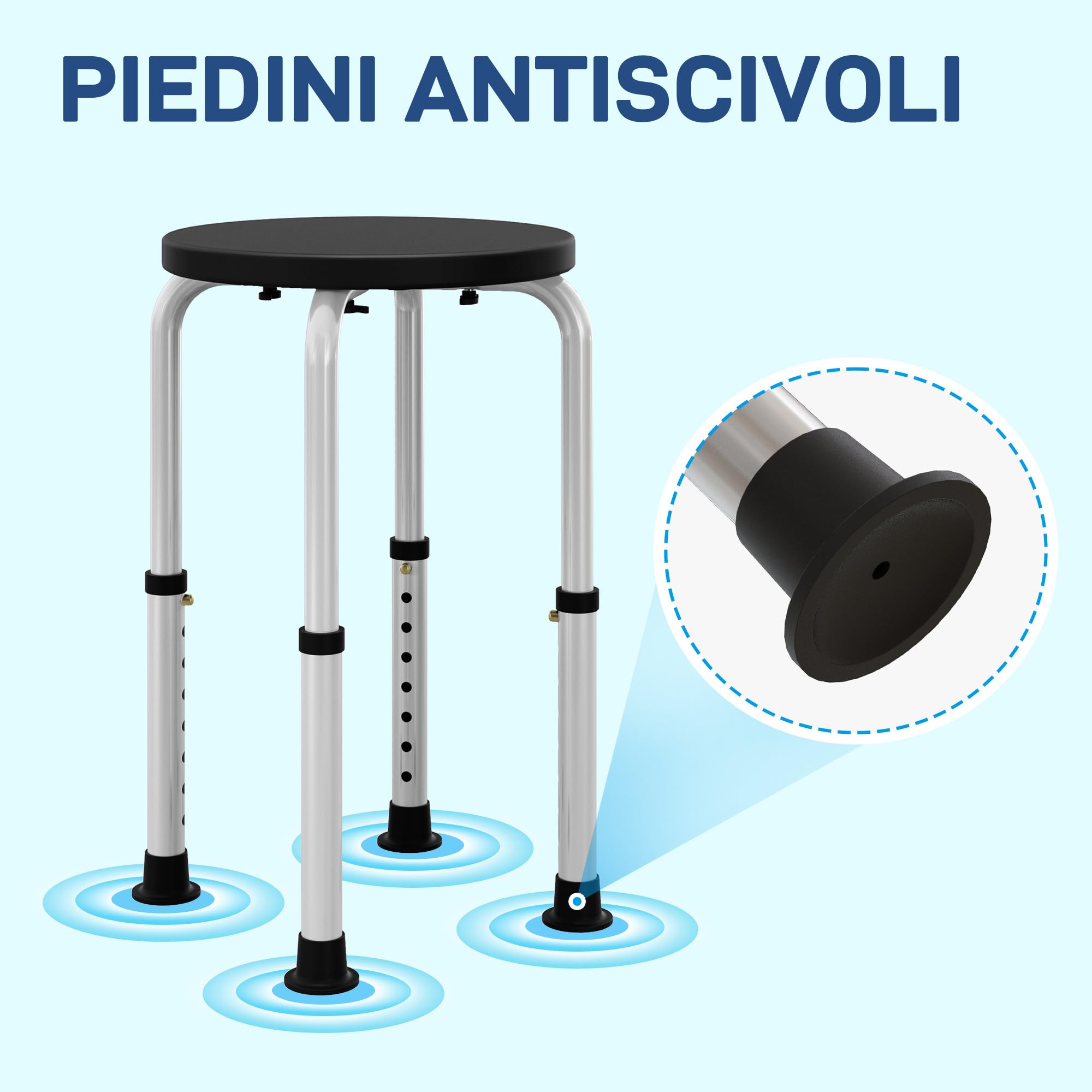 HOMCOM Sgabello da Doccia Girevole a 360° con Piedini Antiscivolo e Regolabile in Altezza su 8 Livelli, Sgabello per Doccia in Alluminio e PE, 32.5x41x35.5-54 cm, Nero