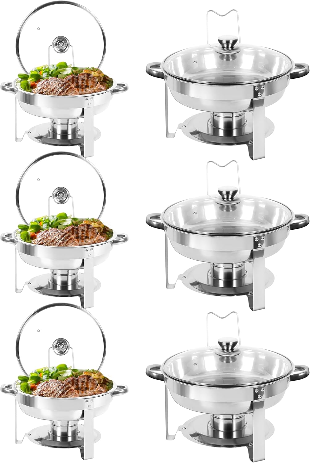 Chafing Dish Buffet Set of 6, 5QT Round Stainless Steel Chafer for Catering, Upgraded Chafers and Buffet Warmer Sets with Glass Lid & Holder, Frame, Fuel Holder for Event Party Wedding Holiday