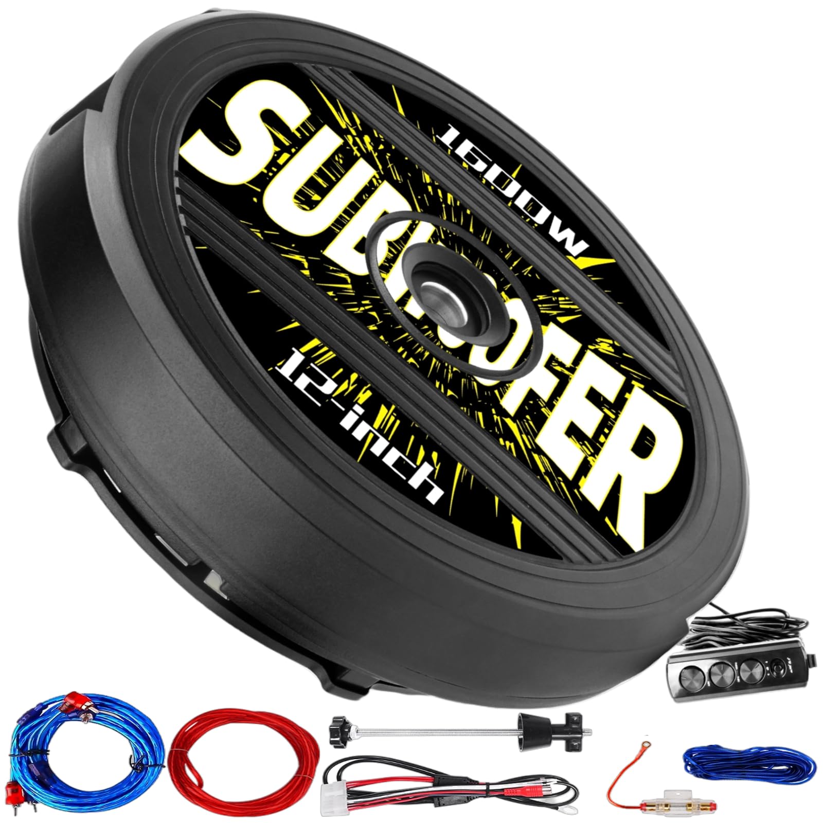 Subwoofer attivo da 30,5 cm, potenza 1600 W, subwoofer per auto Plug & Play con telecomando, appositamente progettato per pneumatici di scorta, amplificatore audio per bassi profondi, facile