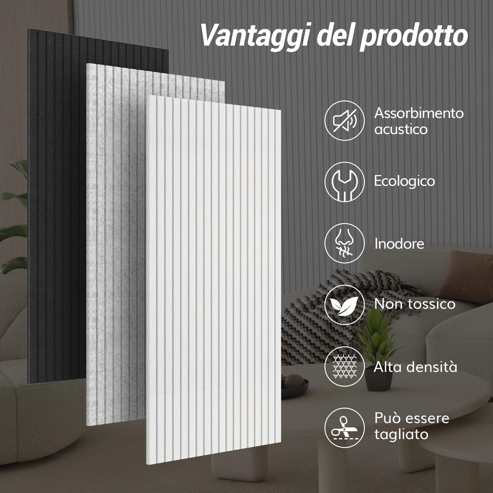 TONOR Pannelli acustici grandi, autoadesivi, 8 pezzi, 120 x 60 x 0,9 cm (5,76 m²), pannelli da parete autoadesivi realizzati con pannelli di isolamento acustico, rivestimento murale per pannelli