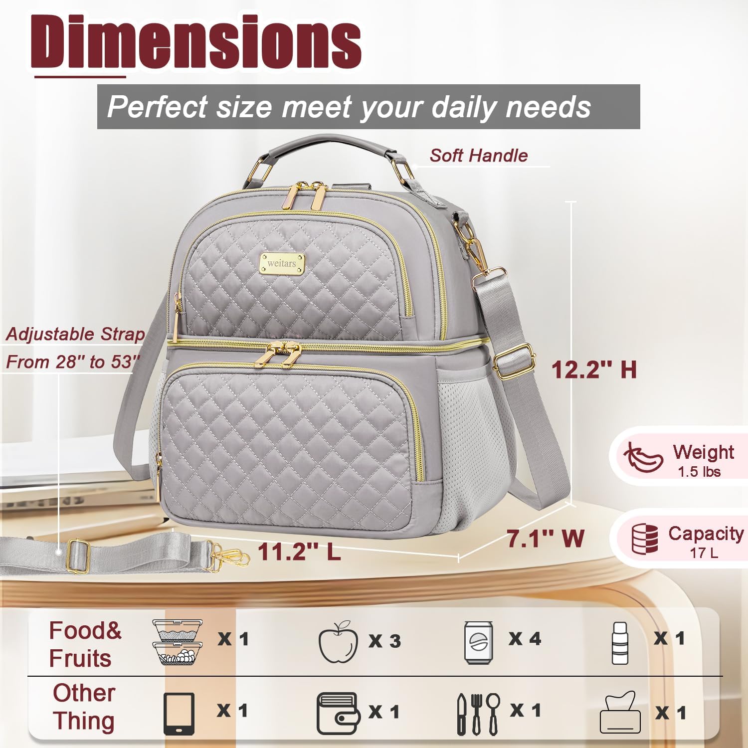 Weitars Lunch Bag for Women,Dual Compartment Lunch Box for Women Lunch Tote for Work,Insulated Leakproof Lunch Cooler Bag with Side Pockets and Adjustable Strap for Hiking,Picnic,Beach - Image 4
