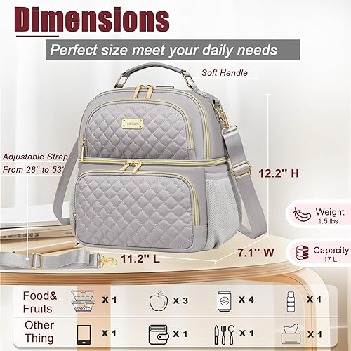 Miniatura 4 de Weitars Bolsa de almuerzo para mujer, lonchera de doble compartimento para mujer, bolsa de almuerzo para el trabajo, bolsa térmica térmica a prueba