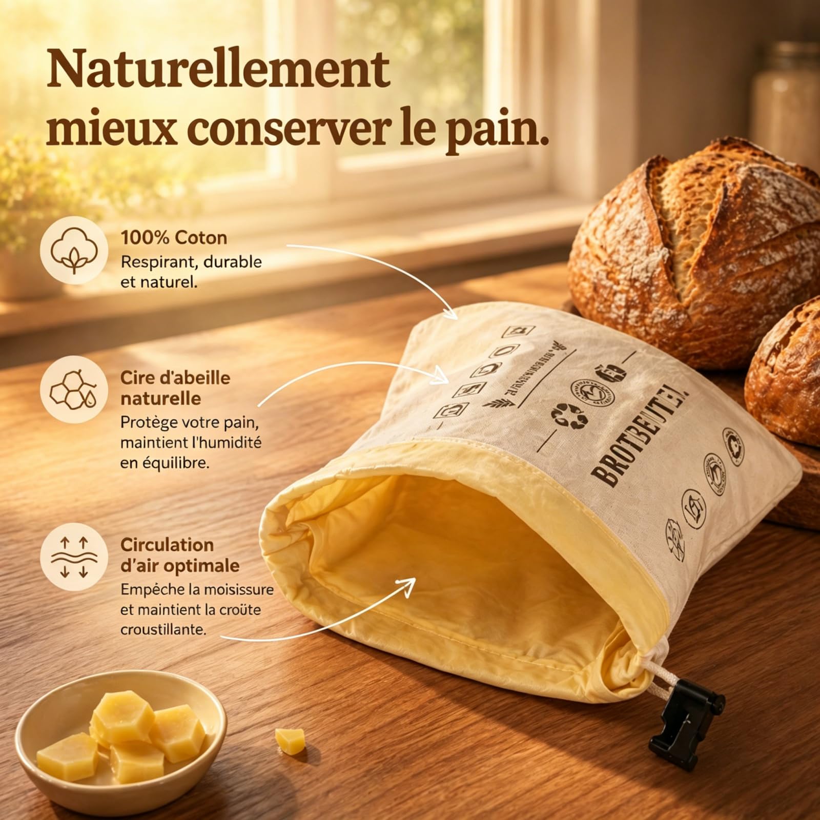 La Maison de Louise Sac a Pain,Sac à Pain La Maison de Louise,Sac à Pain en Cire d'Abeille Réutilisable,Sac de Conservation en Coton Naturel 43×33cm,Réutilisation,Conservation Longue Durée