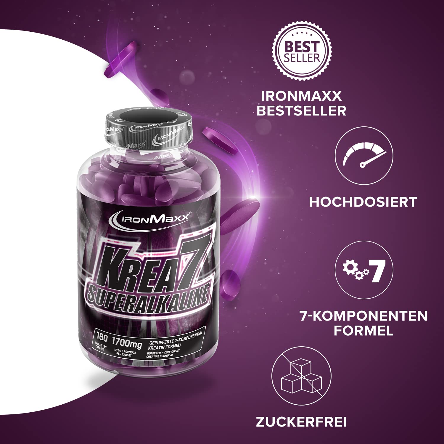 IronMaxx Krea7 Superalkaline Kreatin Tabletten 180 Stk. - 1590mg Kreatin pro Tablette, Mit hochdosierter 7-Komponenten-Formel, Kreatin vegan & zuckerfrei