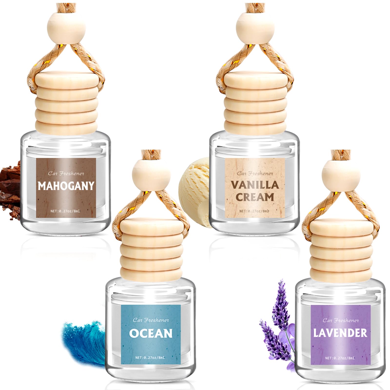 AROIC 4 Pack Car Air Freshener Hanging, Wooden Lid Essential Oil Air Freshener Hanging Car Diffuser, Natural Slow-Release Aroma for Auto Interior, Long-Lasting Fragrance Alternative to Spray Perfumes