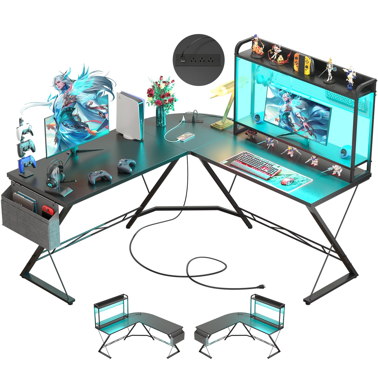 Cyclysio L Shaped Gaming Desk with Hutch, Reversible L-Shaped Desk with LED Lights and Power Outlets, Corner Gaming Desk Computer Desk with Storage Shelves & Storage Bag, Home Office Desk, Black