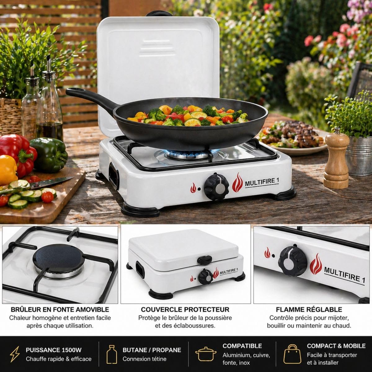 INTEC Plaque de cuisson gaz portable 1 feu 1500W Réchaud gaz butane ou propane Blanc laqué Couvercle
