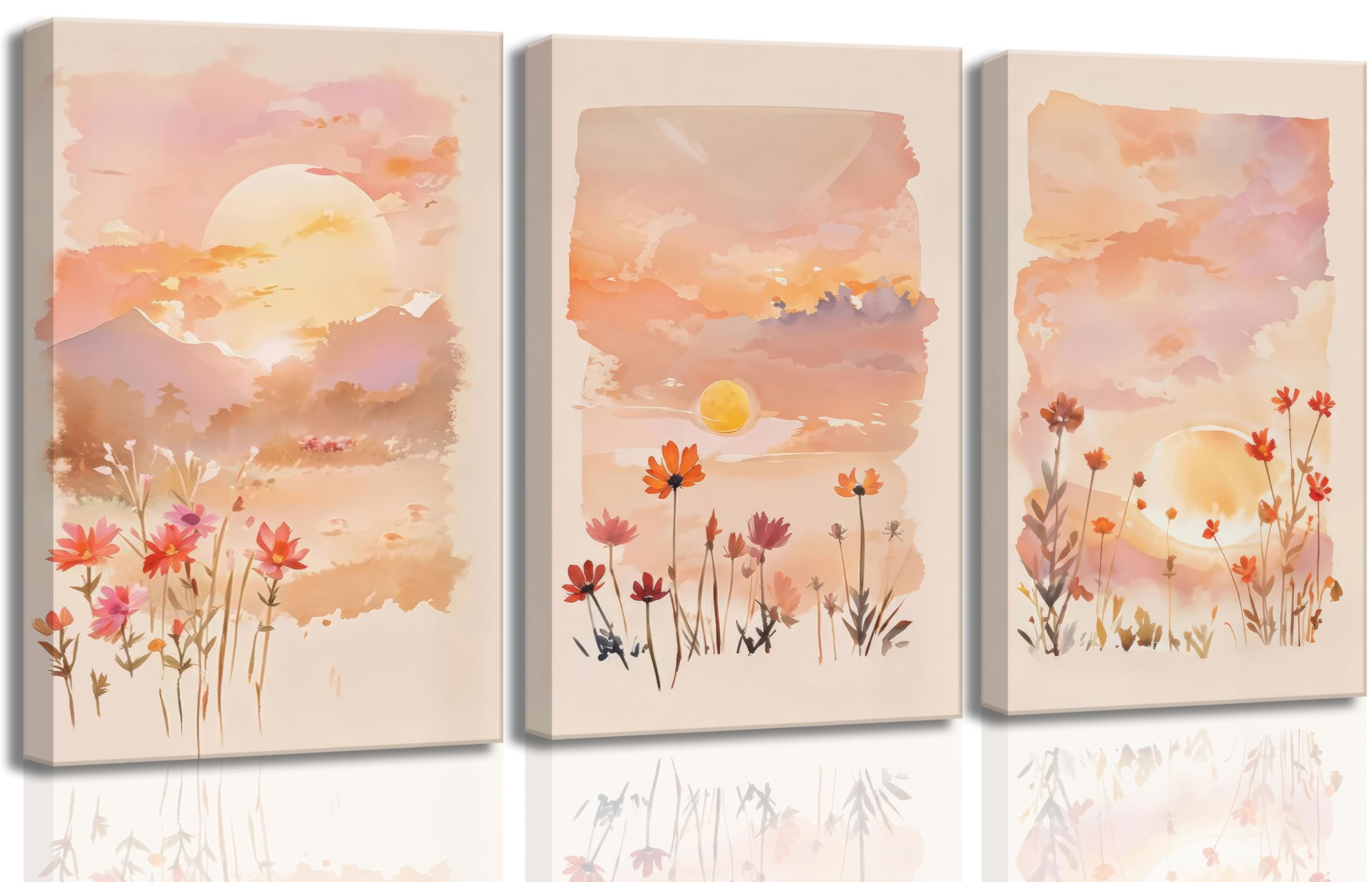 3 Pieces Sunrise Canvas Wall Art Blush Pink Wildflowers Floral and Orange Sunset Watercolor Landscape Paintings Pictures Wall Decor Poster Print