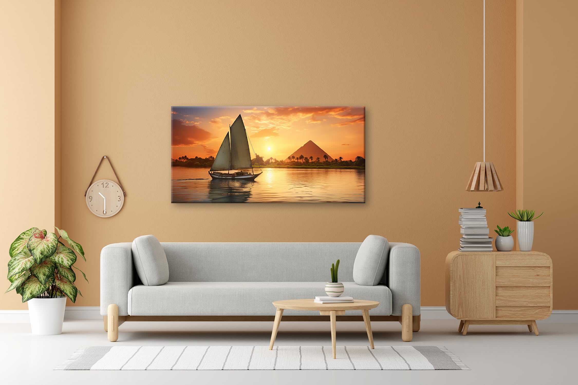 Leinwandbild Segeln bei Sonnenuntergang – Ägyptens Zauber am Nil Panorama 100x50cm XXL Kunstdruck Bild auf Keilrahmen/Wandbild/Wohnzimmer Dekoration