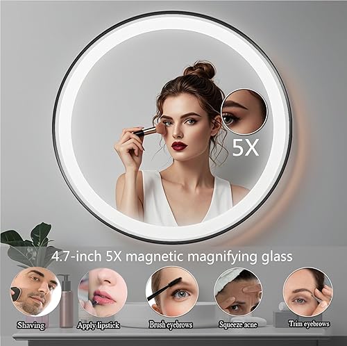 Miniatura 5 de Espejo de baño redondo retroiluminado de pared de 24 pulgadas con luces LED, espejos de tocador con marco regulable (24 x 24 pulgadas, negro)