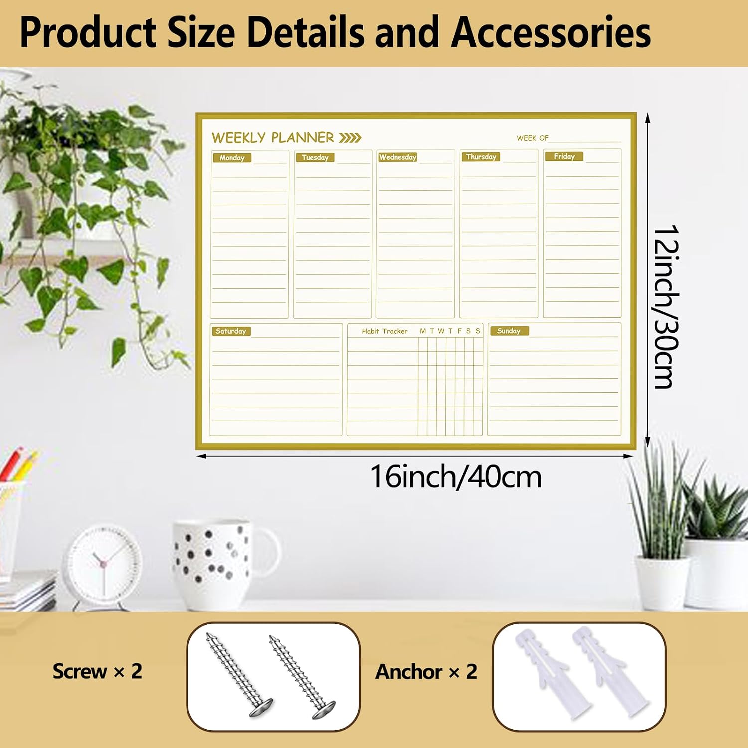 Gold Weekly Dry Erase Board for Wall,12"x16",Gold Metal Frame Weekly Planner Whiteboard for to Do List, Memo, School, Home, Office, Kitchen-GZ image 4