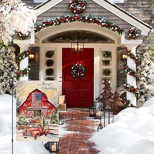 Miniatura 2 de Bandera de jardín de Feliz Navidad de 12 x 18 pulgadas, doble cara, árbol de Navidad rojo granero de Navidad, bandera estadounidense, camión,