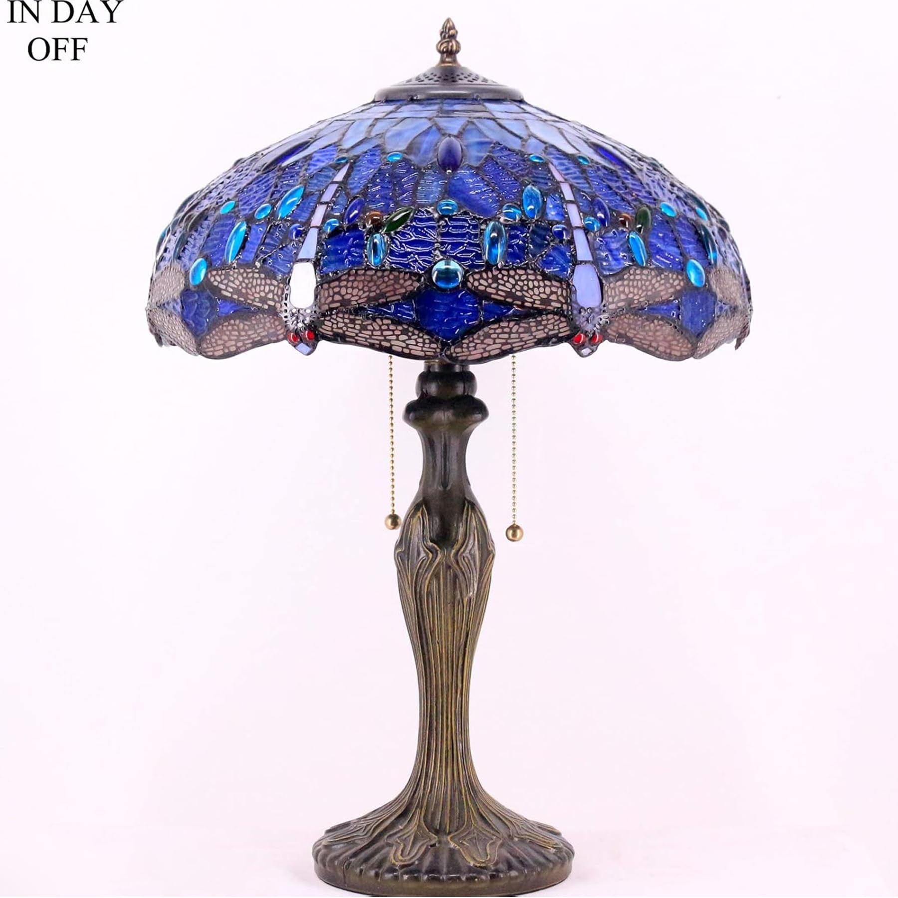 WERFACTORY Tiffany Lamp Blue Stained Glass Dragonfly Style Bedside Table Lamp 16X16X24 Inch Desk Reading Light Metal Base — view 5