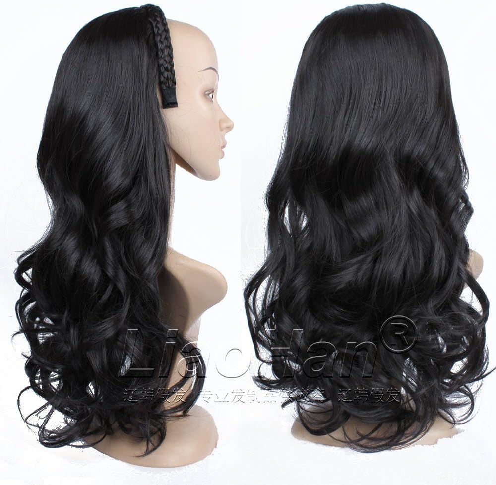 Liaohan Fashion Long Wavy 3/4 Half Wig Fall with Braided Hairband Natural Black Hair Fall Synthetic Wigs for Women Black Wig Fall