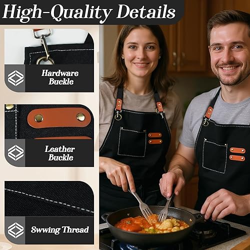 Miniatura 5 de conda Delantal de chef, 1 unidad, delantal con correas cruzadas en la espalda con bolsillos para hombres y mujeres, 100% lona de algodón, delantal