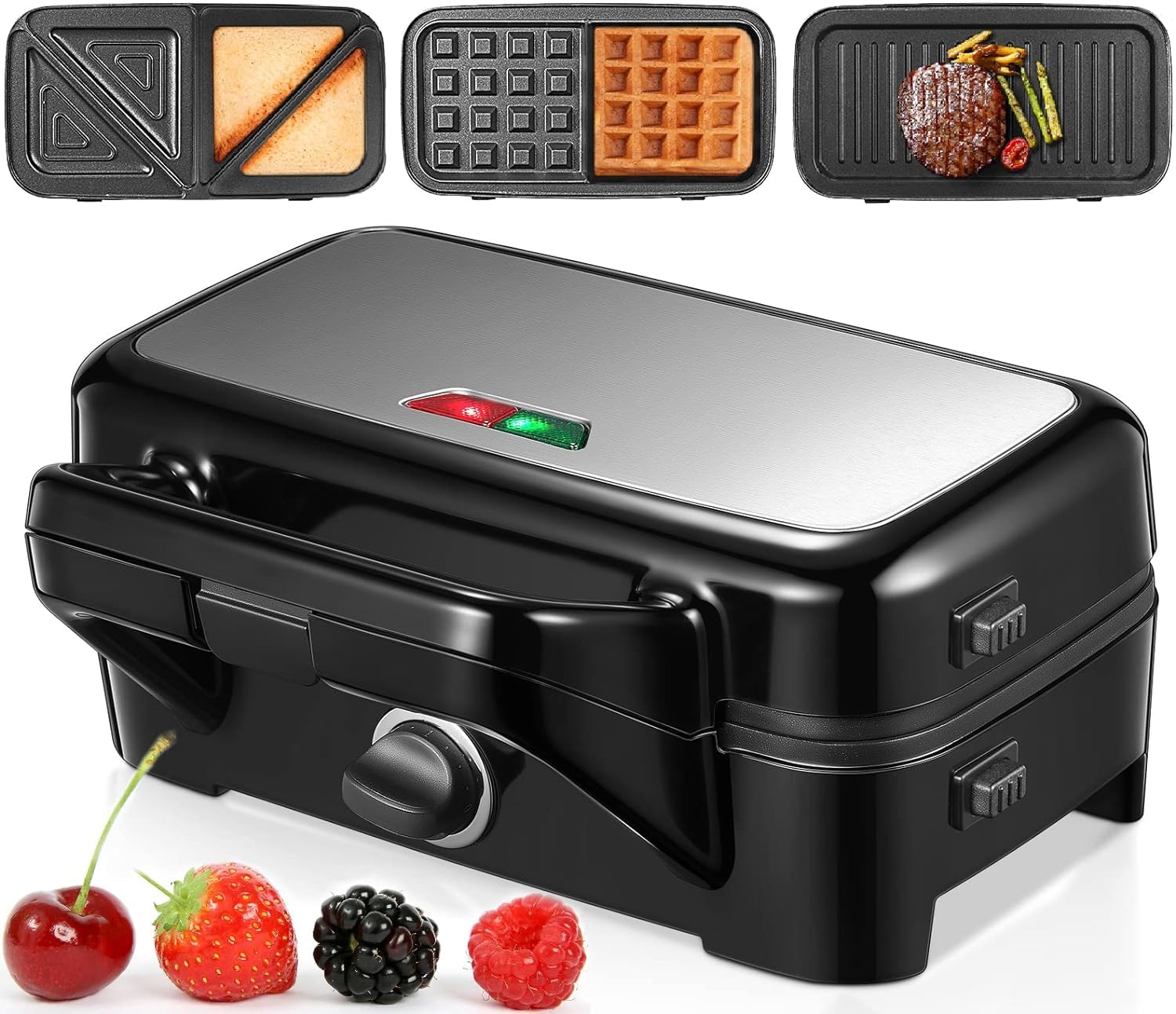 HOUSNAT Sandwich Maker, 3 in 1 Waffle Maker with Removable Plates, 1200W Panini Press with Interchangeable Non-Stick Plates, Indicator Lights, 5-gear Temperature Control (Red), view 10