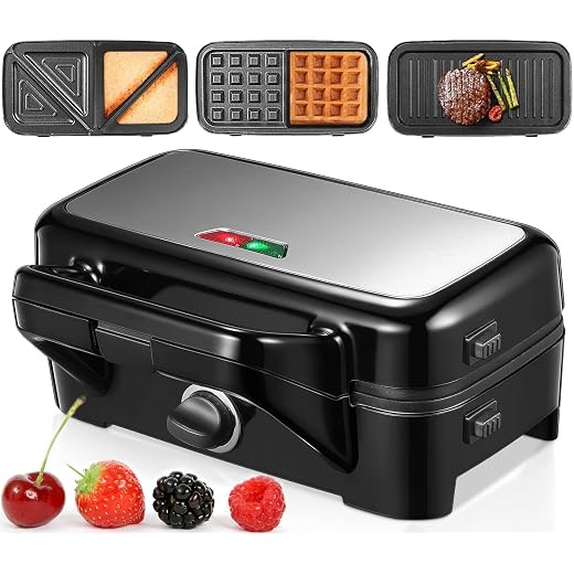 HOUSNAT 3 in 1 Sandwich Maker, Waffle Maker with Removable Plates, 1200W Panini Press with Interchangeable Non-Stick Plates, Indicator Lights, 5-gear Temperature Control, Silver/Black