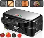 HOUSNAT Sandwich Maker, 3 in 1 Waffle Maker with Removable Plates, 1200W Panini Press with Interchangeable Non-Stick Plates, Indicator Lights, 5-gear Temperature Control (Black)