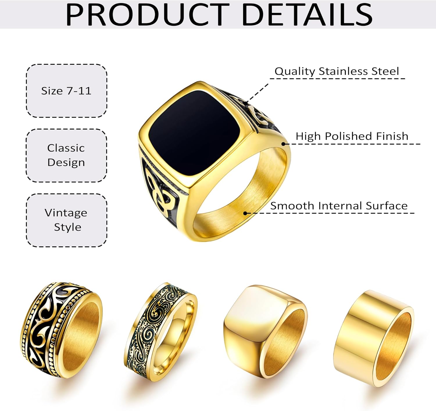 9 Pcs Men's Stainless Steel Vintage Signet Ring Set: Square, Pinky, Thumb, Chunky, Thin Band, Cuban Link, Biker Rings for Men - Image 7