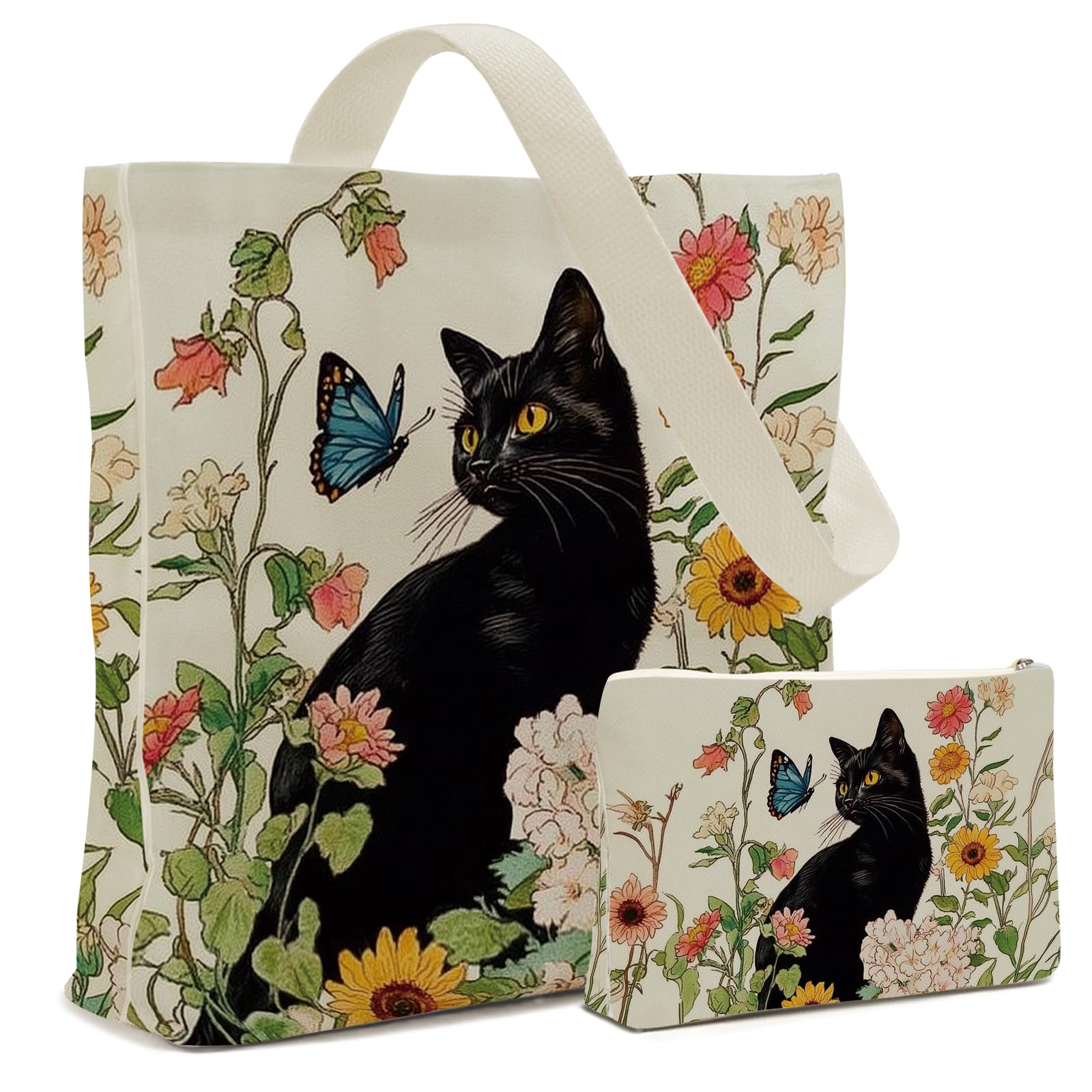 LARIAU Blackcat Canvas Tote Bag with Matching Makeup Bag, Cat Lover Gifts for Daughter, Mothers Day Gifts for Mom Sister, Birthday Gift for Women for