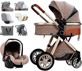 Carrinho de bebê Carrinho de bebê de luxo Carrinho de bebê leve 3 em 1 Carrinho de bebê ajustável de alta visão Carrinho de passeio infantil Bassinett com capa de chuva (Caqui)