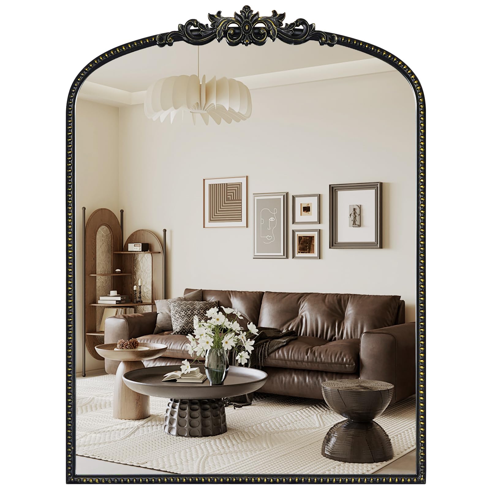 WallBeyond Gold Vintage Mirror for Vanity 24x32 Inch, Black Antique Mirror with Ornate Frame, Arched Vintage Wall Mirror for Bathroom, Living Room, Fireplace, Entryway