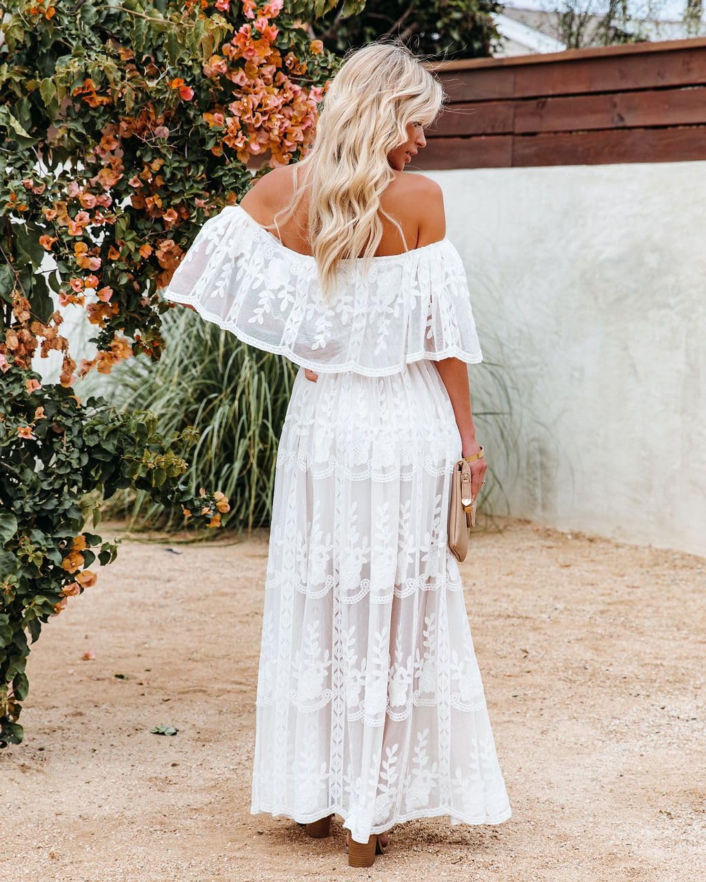 MERMAID'S CLOSET Maxi abito da donna con spalle scoperte in pizzo floreale Boho Flowy Wedding Guest formale abiti lunghi primavera