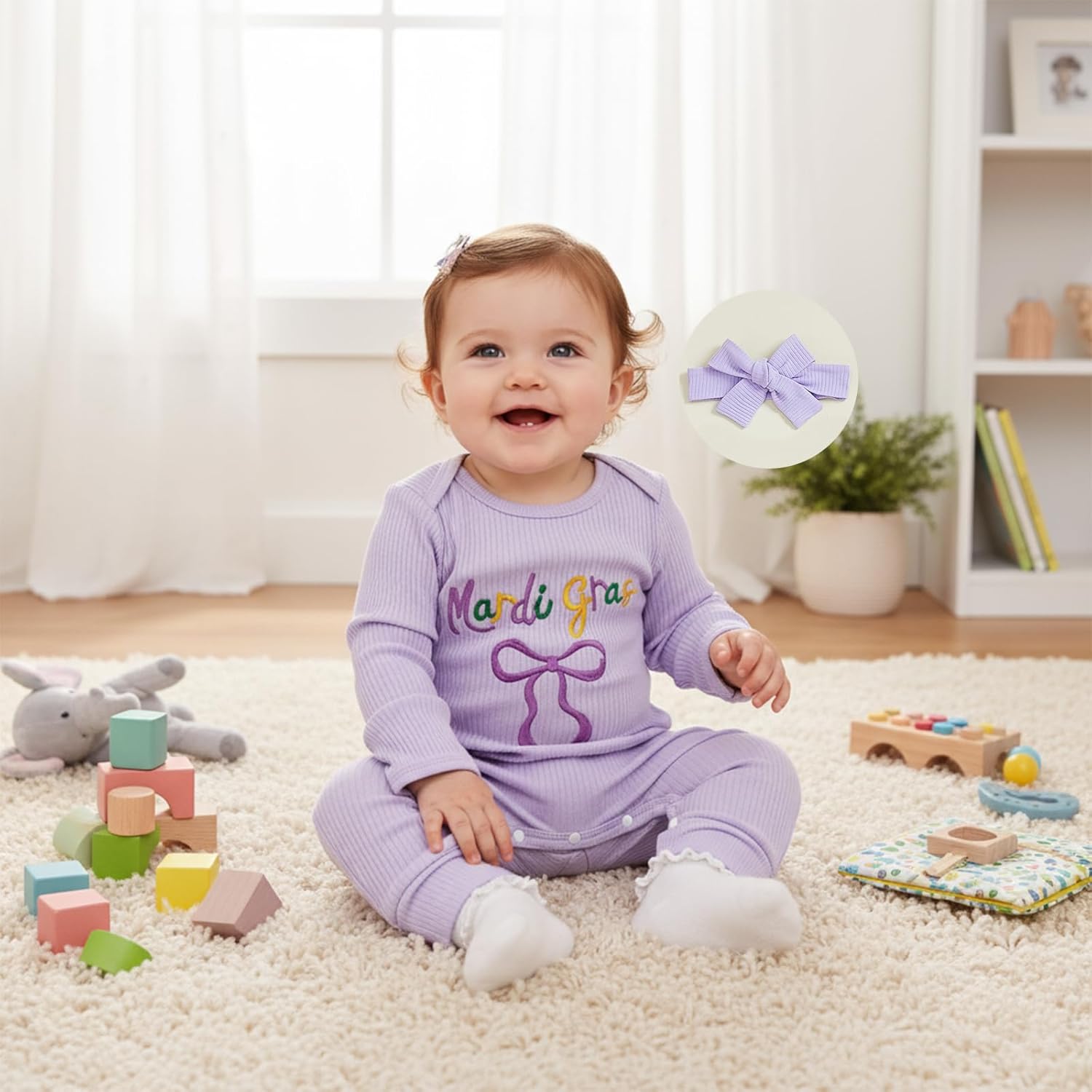 My First Mardi Gras Onesie Baby Girl Outfit Newborn Carnival Long Sleeve Jumpsuit Ribbed Knit Romper 0-18M - Image 2