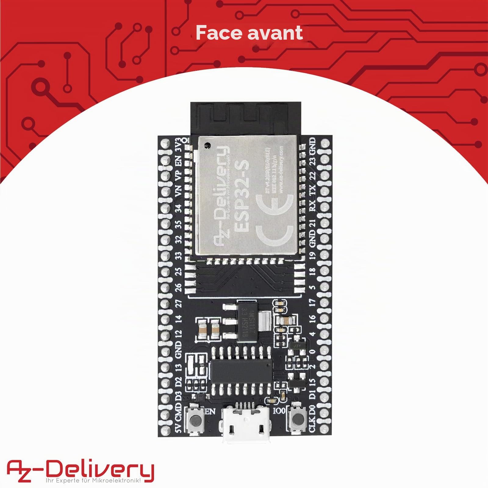 AZDelivery ESP32S Dev Kit C V4 NodeMCU WiFi Development Board compatible avec Arduino avec E-Book! (module successeur de ESP32S Dev Kit C V2)