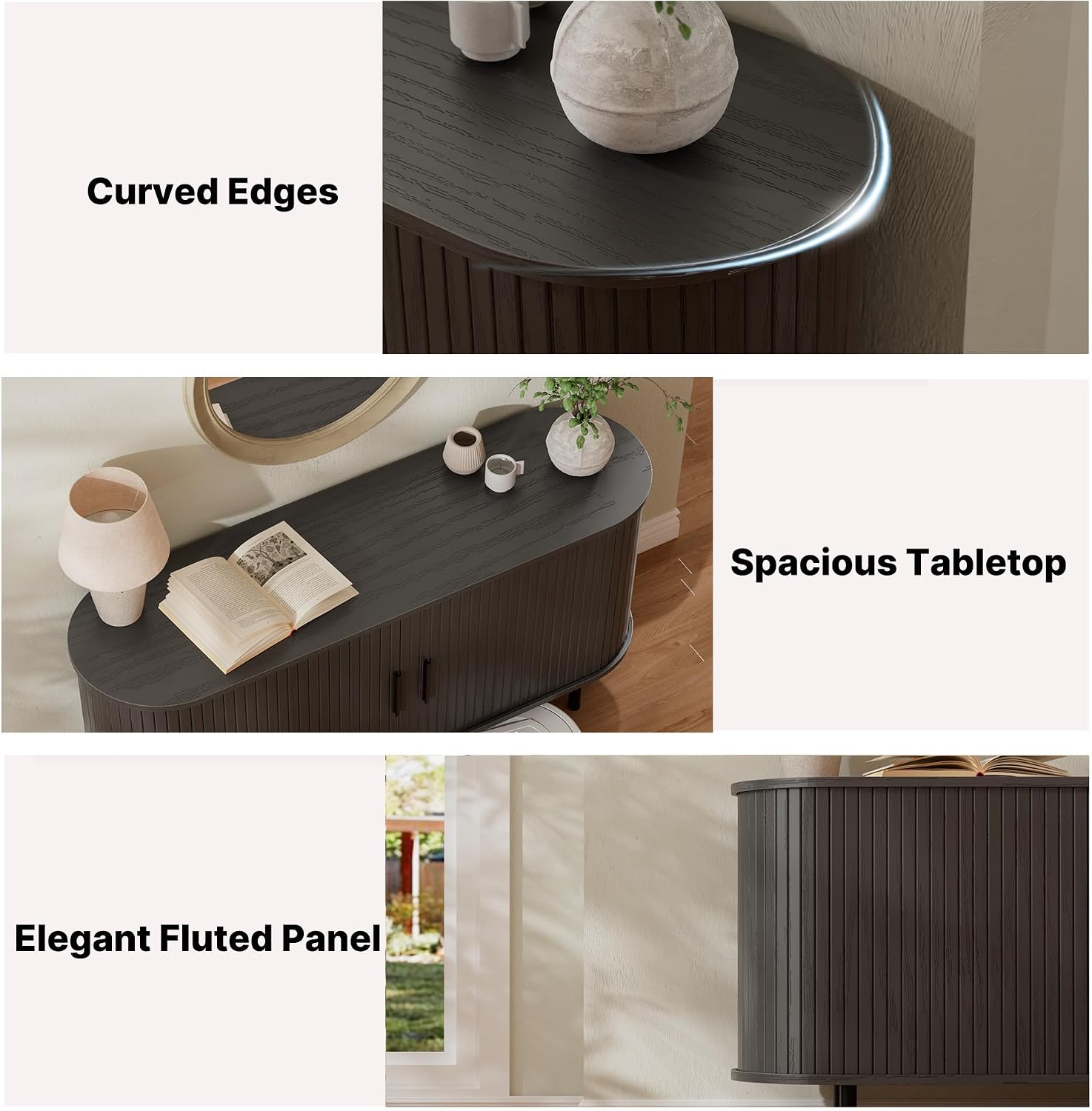 EAG 55" Fluted TV Stand for TVs up to 65 Inch, Mid Century Modern Entertainment Center with Storage, Sliding Doors & Adjustable Shelves, Curved Wood Media TV Console for Living Room, Bedroom, Black