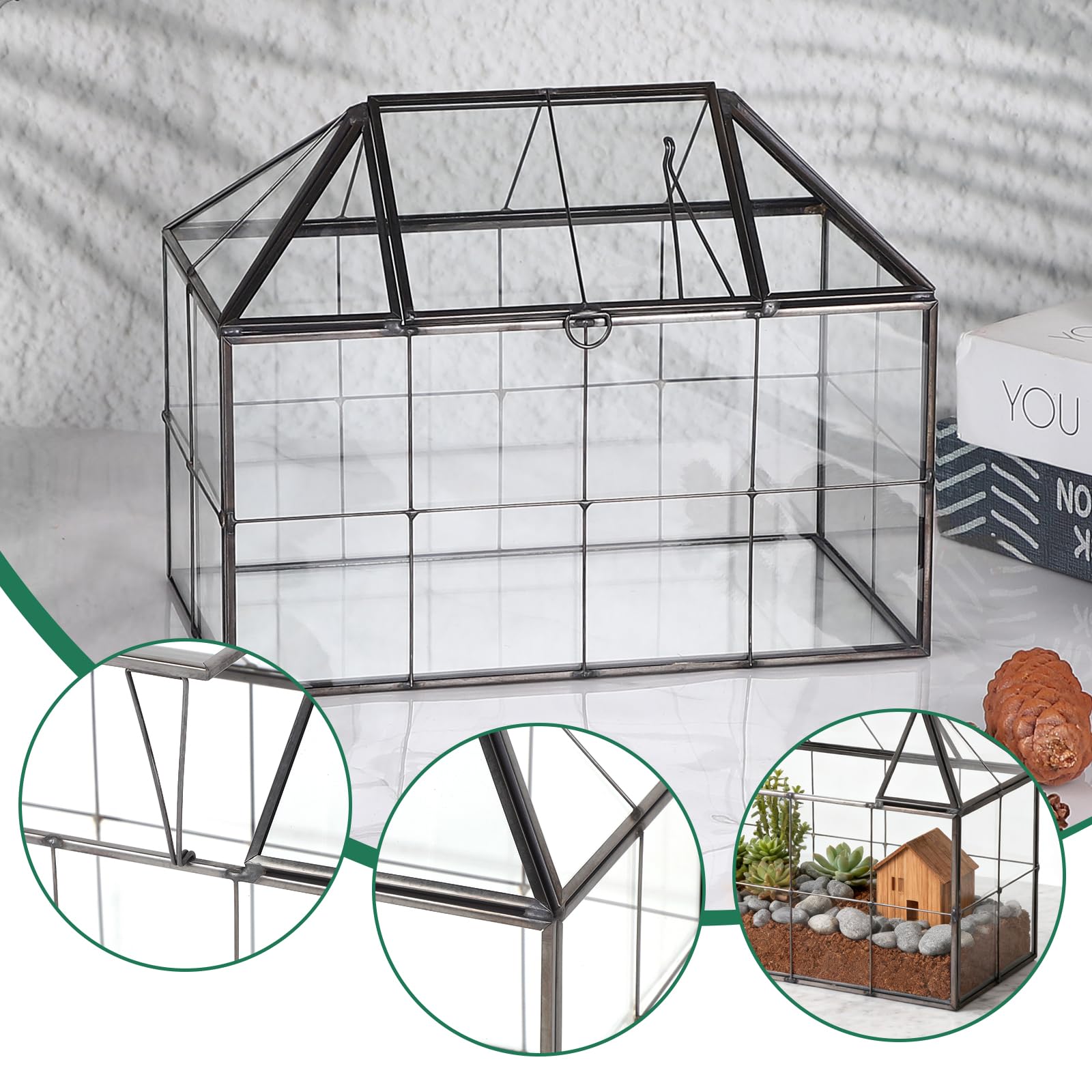 EFUTURETIME Mini Jardinière Terrarium Plante 23,3 x 13,6 x 18 cm, Miniature Serre Interieur Forme de Maison Idéal pour Succulentes Cactus et DIY (sans Plantes)
