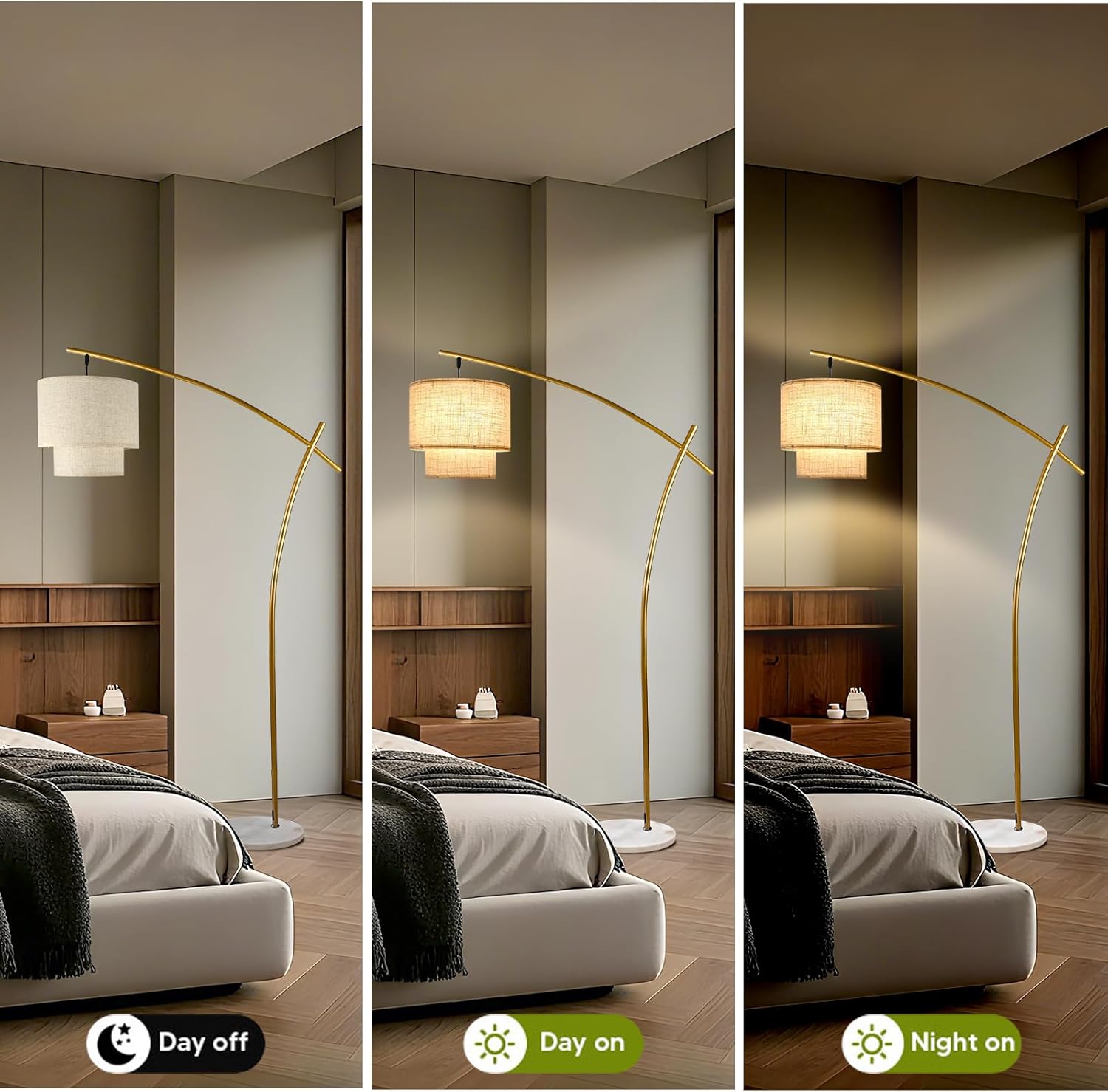 Lightdot Arc Floor Lamp for Living Room, Modern Standing Tall Lamps with Double Linen Shade, Tall Hanging Pole Lamp with Stable Base & Bulb Included for Bedroom/Sofa Beside/Corner Decor-Gold