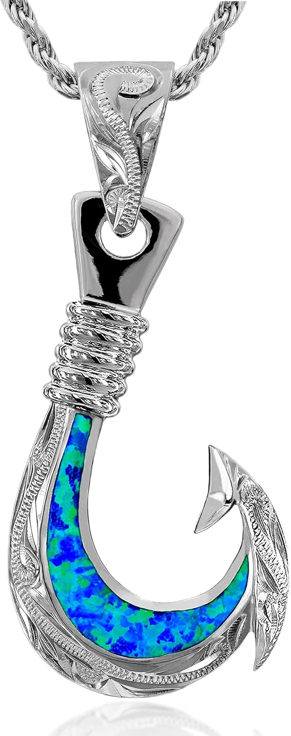 Amazon レイラニ ハワイアンジュエリー 釣り針 フィッシュフック ブルーオパール ペンダント ネックレス メンズ シルバー 925 ロープチェーン40cm付 ネックレス 通販