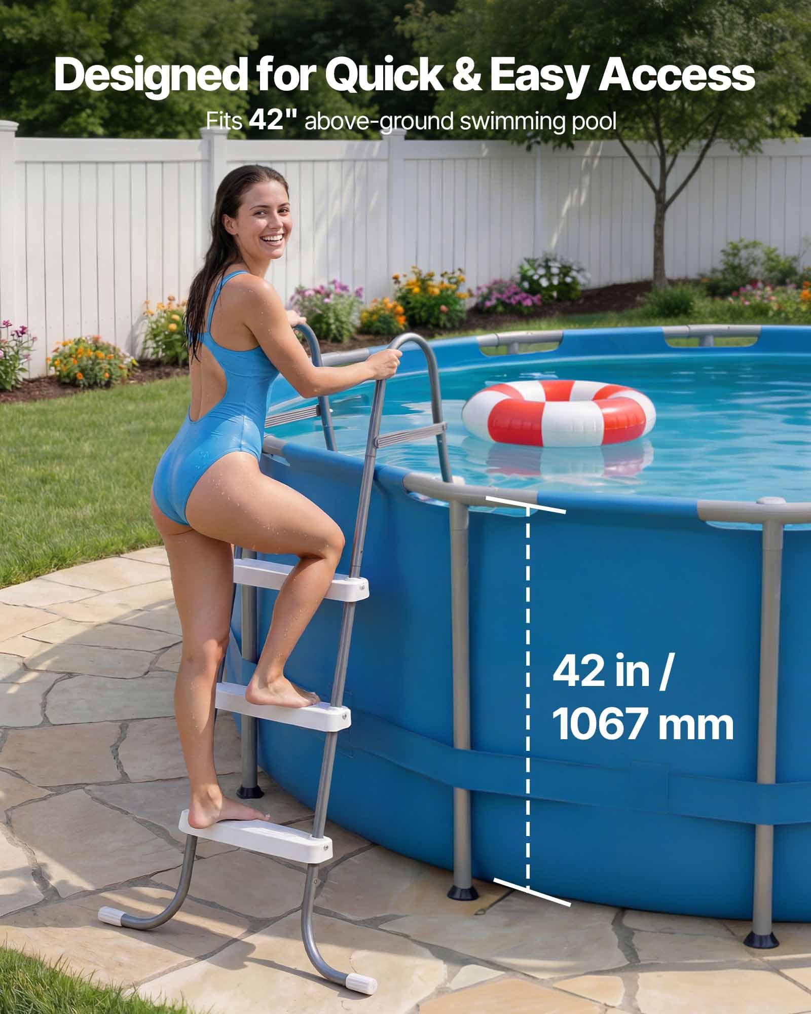 VEVOR Échelle de Piscine Hors Sol 106,7 cm Acier Carbone 3 Marches PP Antidérapantes Capacité Charge 136 kg Gris Blanc
