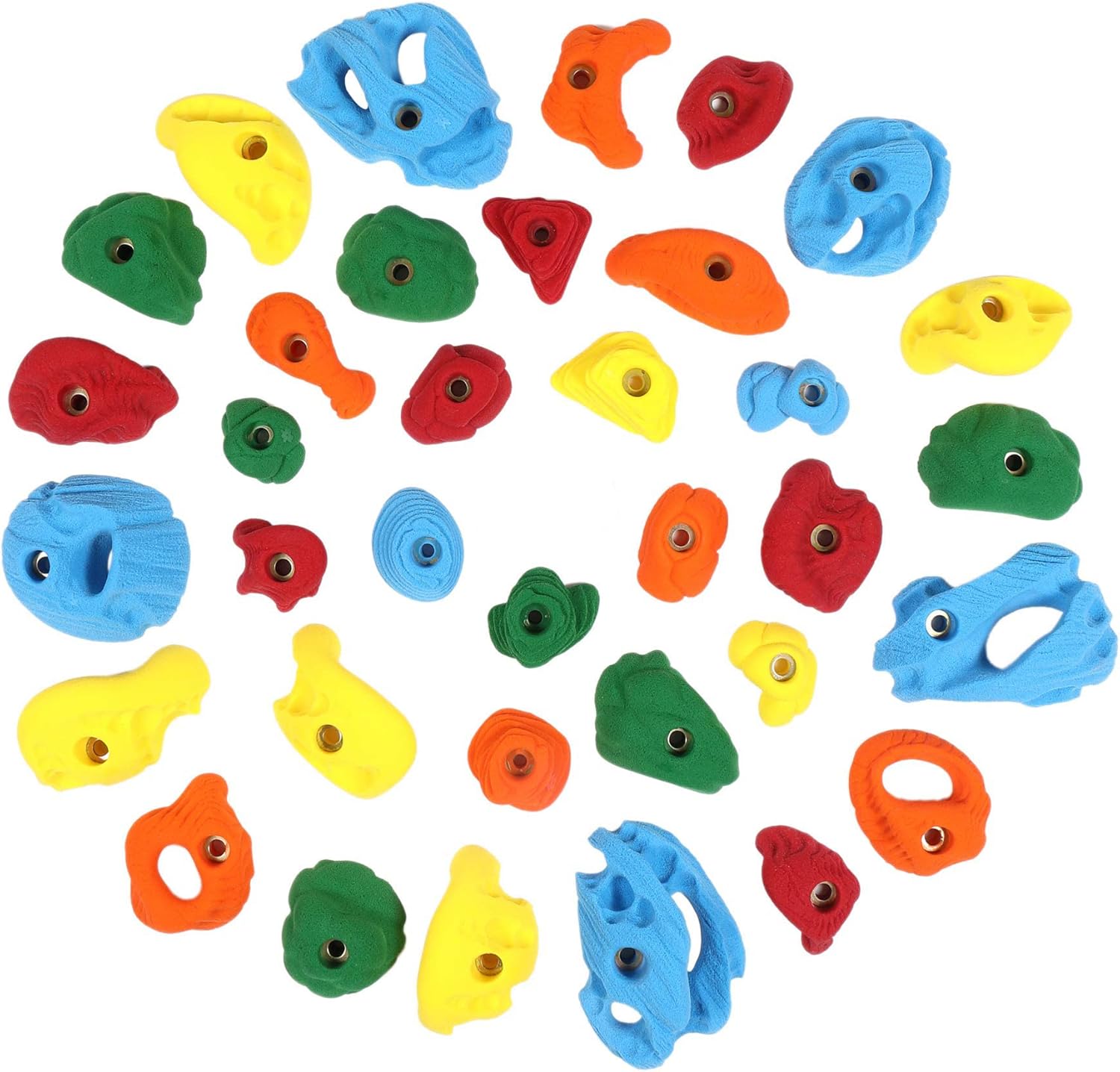 Atomik Rock Climbing Holds Set of 35 Bolt-On Rock-Like Pinches, Pockets, Slopers, Jugs, and Footholds in Assorted Bright Tones