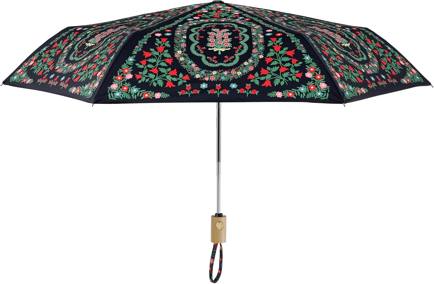 RIFLE PAPER CO. Rosette Floral Pattern Umbrella, Includes Matching Storage Sleeve, Portable 11.13" Fold Up Size, Auto Open and Close, Wooden Handle, Printed in Full Color