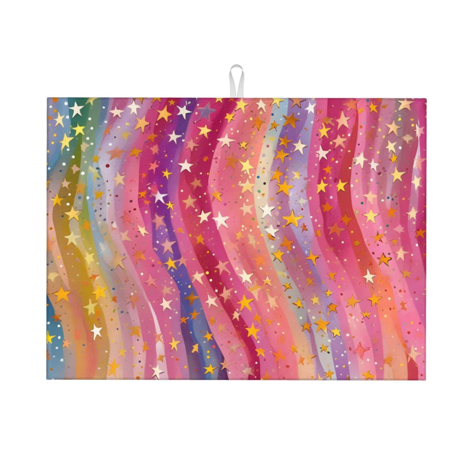 Tangopi Rainbow Wave Stars Dish Drying Mat for Kitchen Counter Absorbent Dish Drying Pad Microfiber Countertop Protector Mat Reusable Dish Drainer