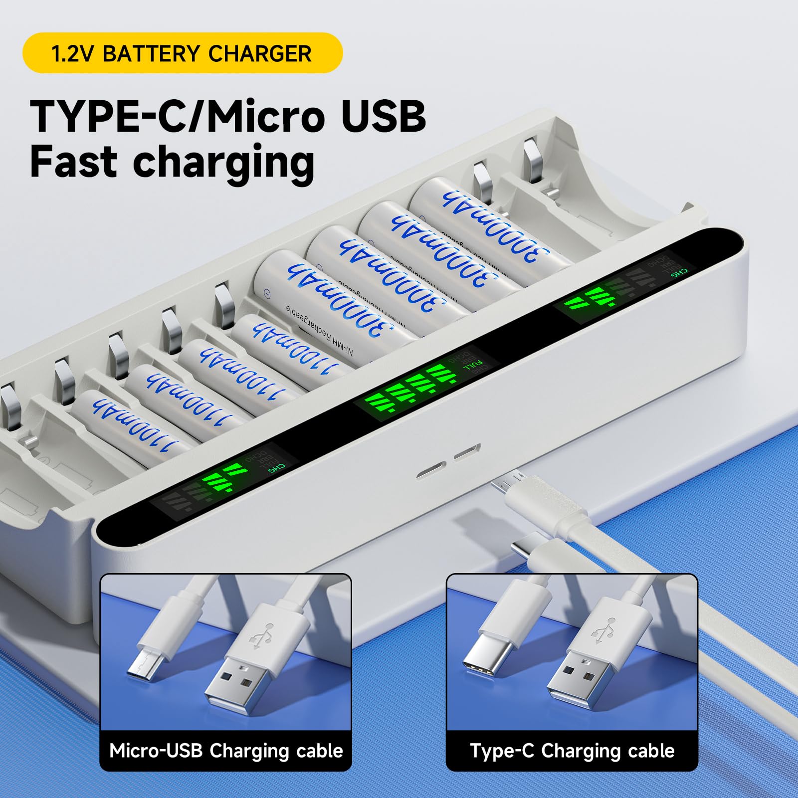 12 piles rechargeables 3000mAh AA avec chargeur, USB type-C 5v2A écran LCD chargeur rapide avec 12 emplacements pour piles rechargeables 1,2 V NiMH AA AAA