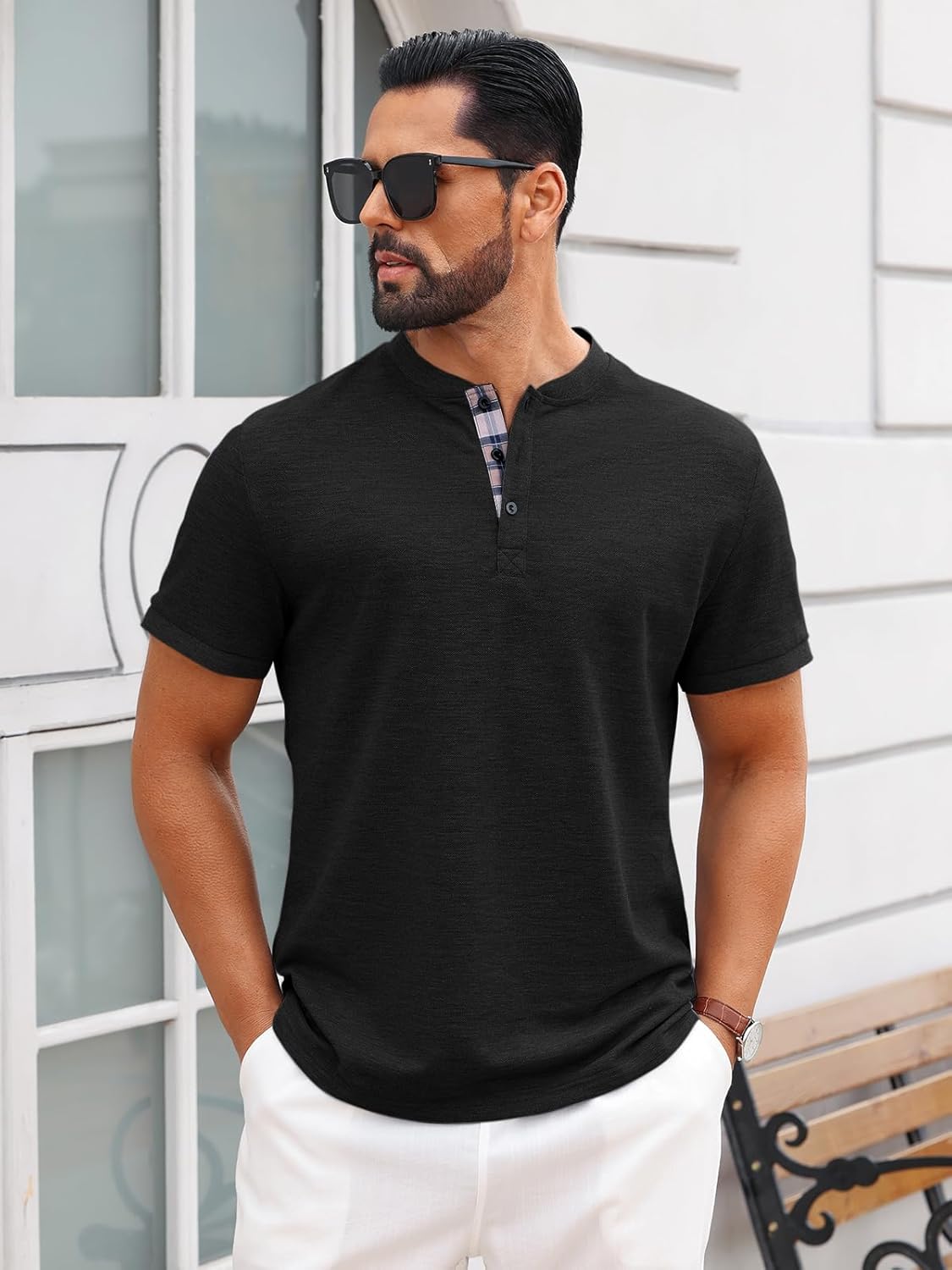 Runcati Mens Henley Shirts Short Sleeve Classic Cotton T Shirts Plaid Button Summer Tee Tops - Image 3