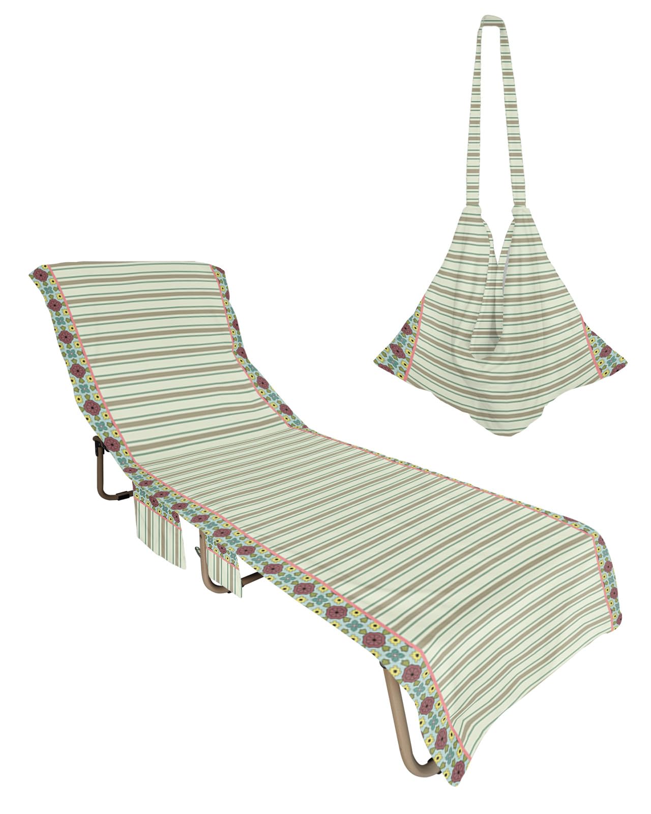 Green Beige Striped Beach Lounge Chair Towel Cover, Soft Chaise Lounge Towel with Side Pockets Patio Pool Chairs Cover for Beach/Pool Sunbathing 29x85 Brown Yellow Teal Flowers Botanical