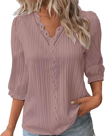 Plus Size Fashion 3/4 Length Sleeve Womens Tops Eyelet Tops for Women Summer Trendy 2025 V Neck Lace Shirts Dressy Casual Blouses Fall Fashion Clothing Pink Womens Blouses 3XL